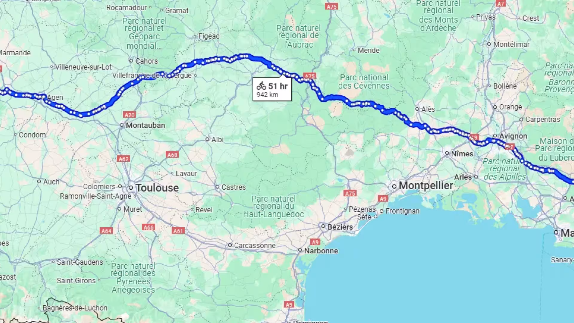 Map of the route across southern France from Biarritz to Antibes